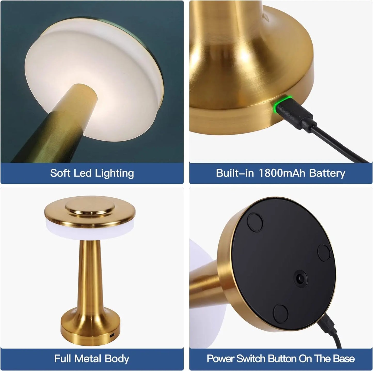 Gold Retro Rechargeable Table Lamp – Dimmable LED Night Light