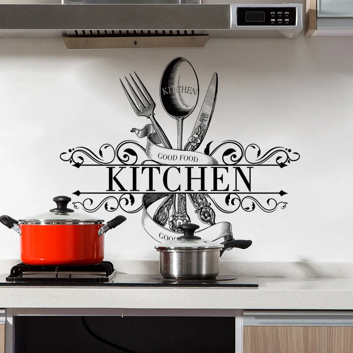 "Good Food" Kitchen Wall Decal – Self-Adhesive Removable PVC Sticker with Knife & Fork Design