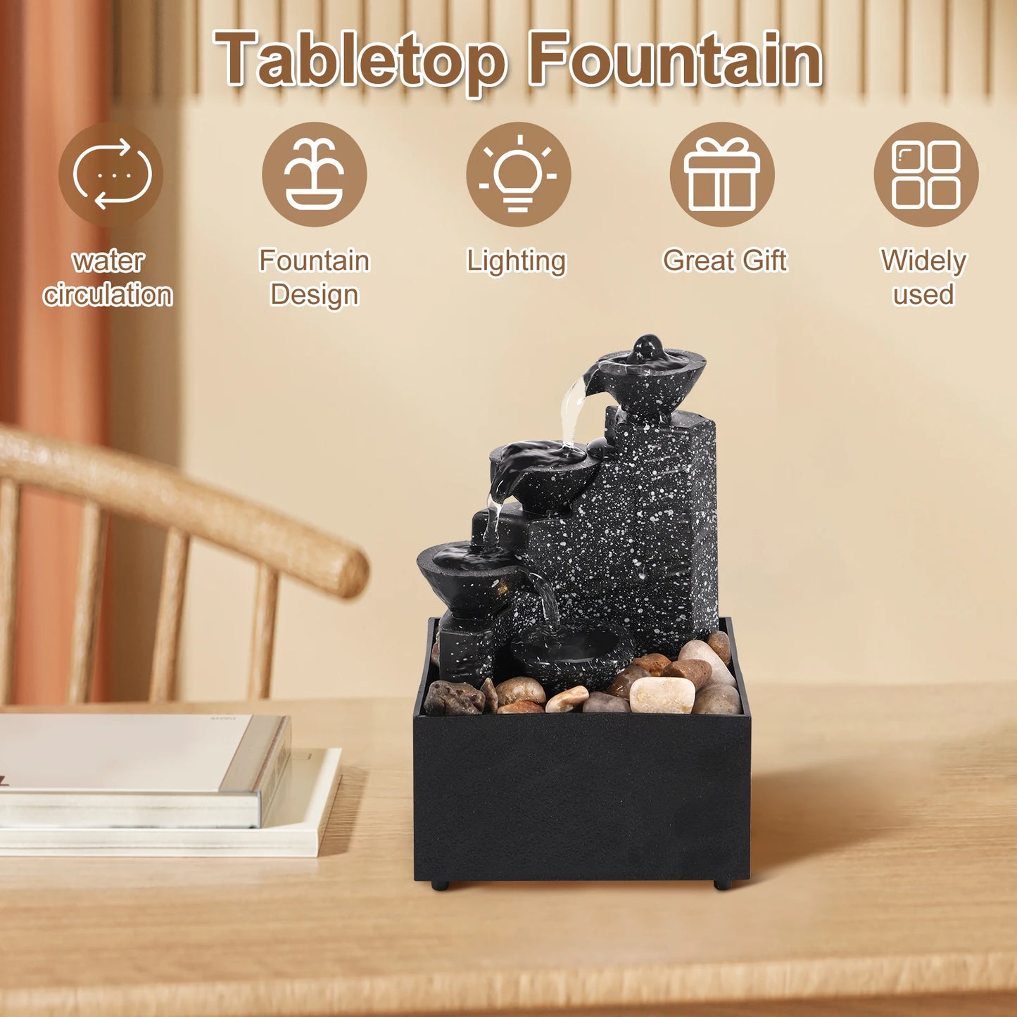 Tabletop Waterfall Fountain – Relaxing Desktop Decor with Soft Lights