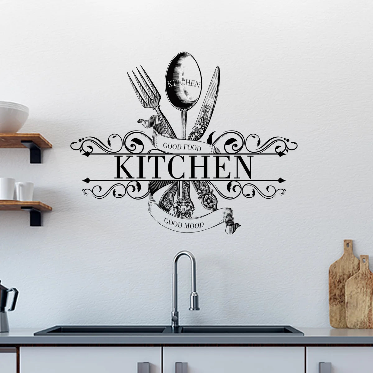 "Good Food" Kitchen Wall Decal – Self-Adhesive Removable PVC Sticker with Knife & Fork Design