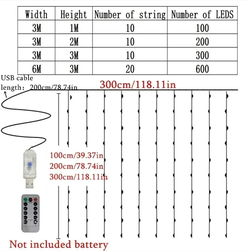 LED Curtain String Lights – 8 Modes Fairy Lights with Remote Control