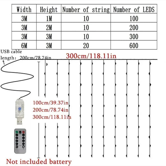 LED Curtain String Lights – 8 Modes Fairy Lights with Remote Control