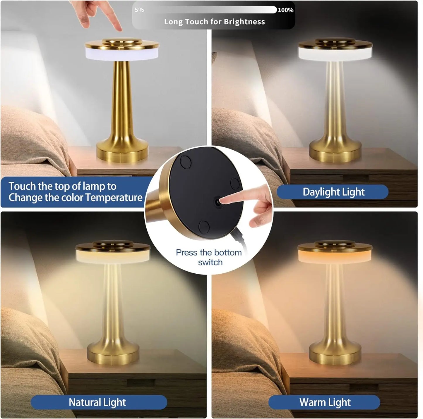 Gold Retro Rechargeable Table Lamp – Dimmable LED Night Light