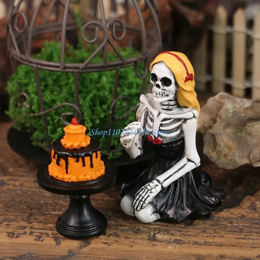 Skull Girl Eating Cake Resin Sculpture – Gothic Kitchen & Home Decor Statue