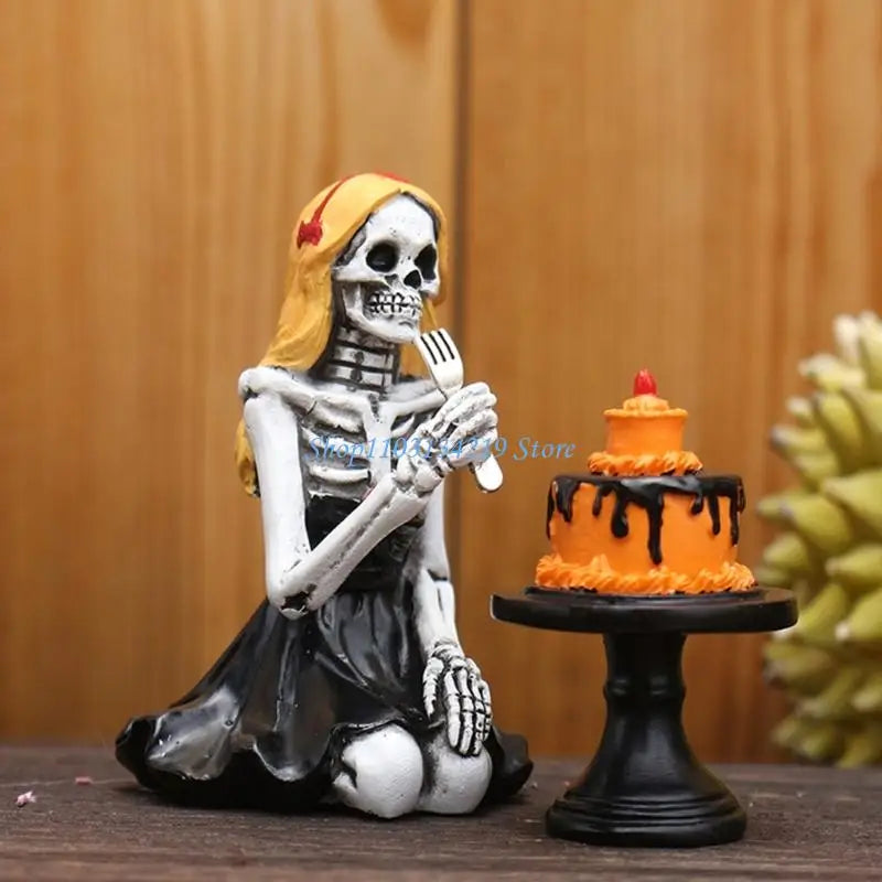 Skull Girl Eating Cake Resin Sculpture – Gothic Kitchen & Home Decor Statue