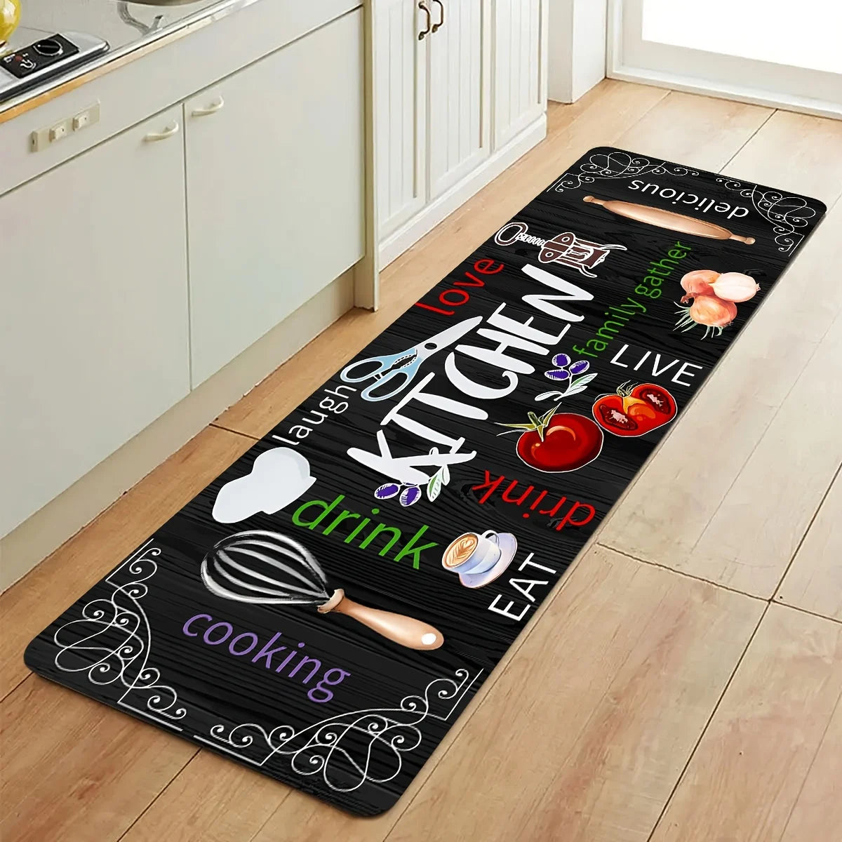 Kitchen Theme Carpet & Rug – Food Love Joy Pattern | Anti-Slip Floor Mat