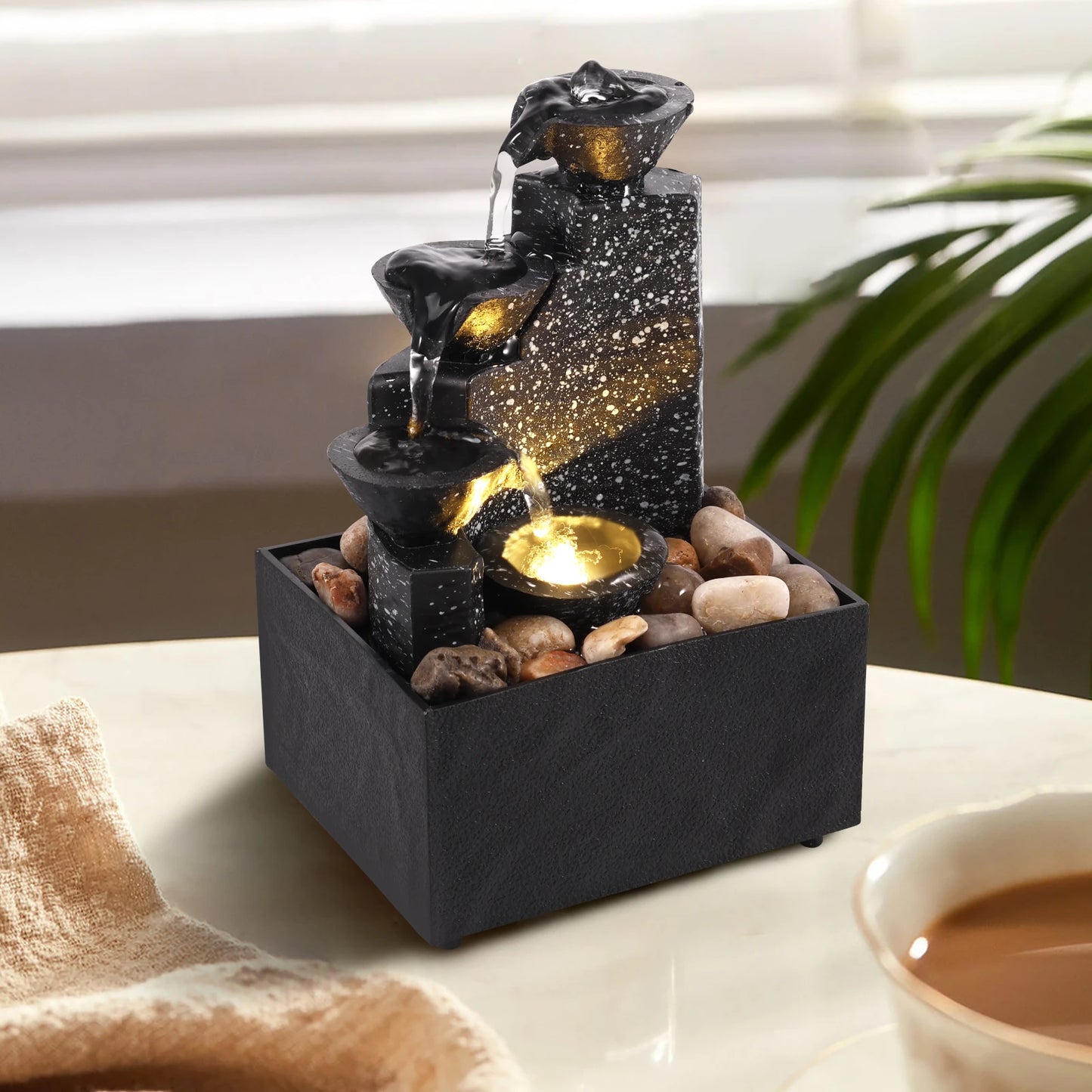 Tabletop Waterfall Fountain – Relaxing Desktop Decor with Soft Lights