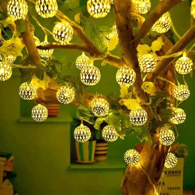 Solar Moroccan Ball String Light | 30/50 LED Fairy Lights, 8 Modes | Garden & Party