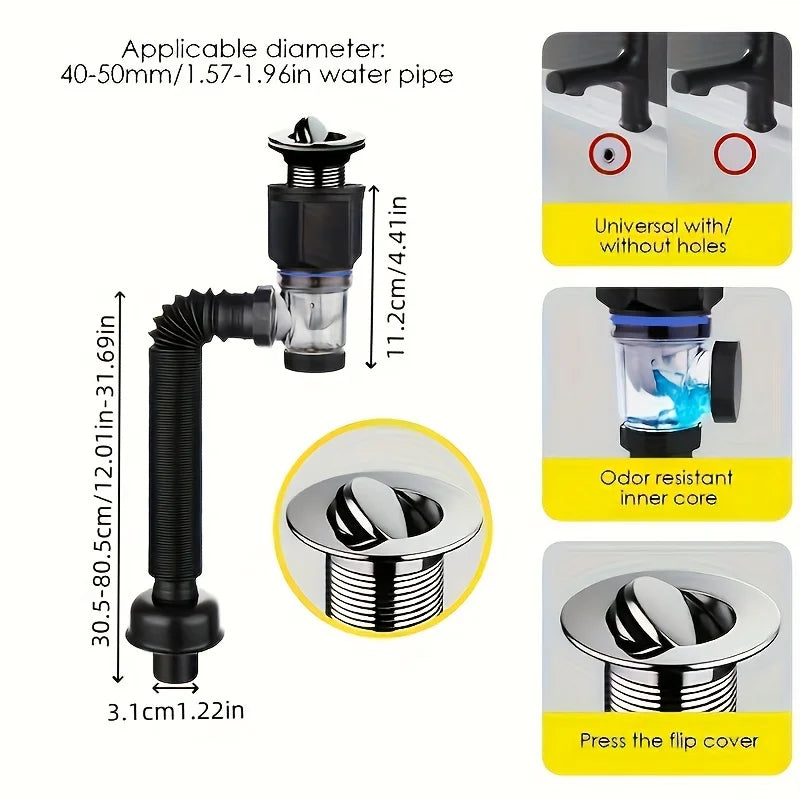 Black Bounce Drain – Universal Bathroom Sink Drain Assembly with Horizontal & Vertical Pipe