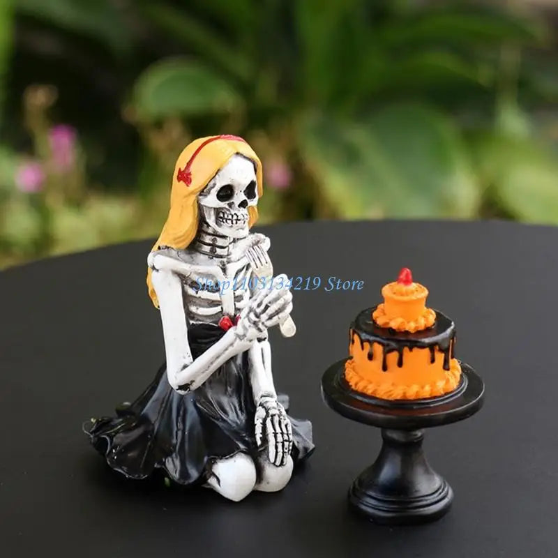 Skull Girl Eating Cake Resin Sculpture – Gothic Kitchen & Home Decor Statue