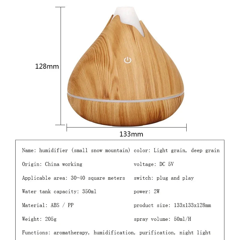 350ml Aromatherapy Diffuser – Wood Grain, Remote Control & 7-Color LED