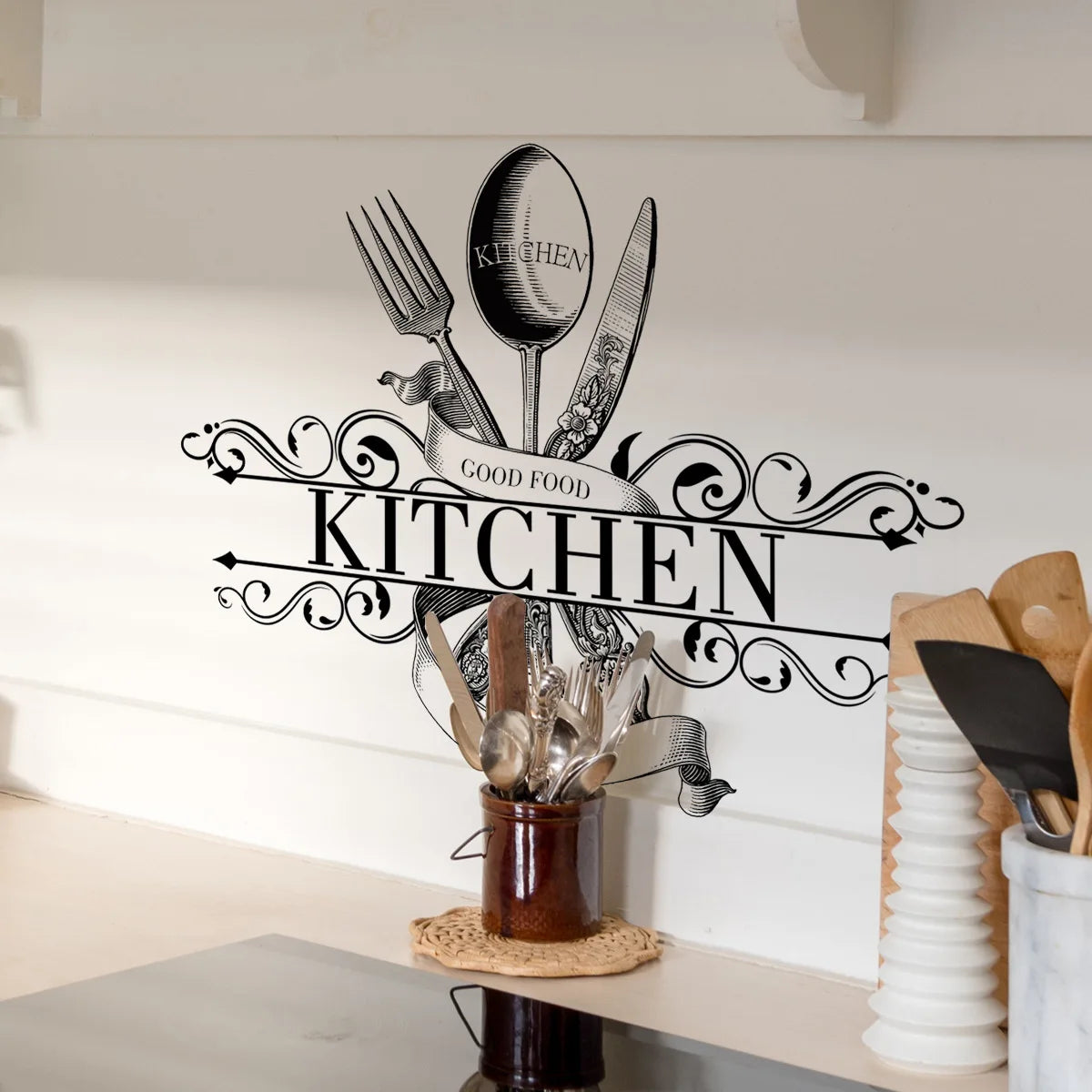 "Good Food" Kitchen Wall Decal – Self-Adhesive Removable PVC Sticker with Knife & Fork Design