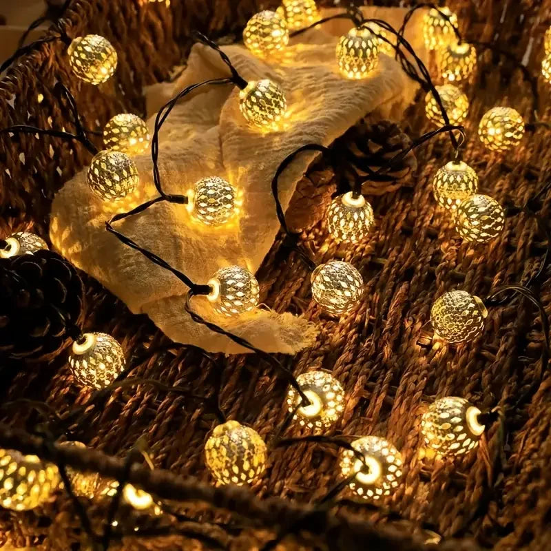 Solar Moroccan Ball String Light | 30/50 LED Fairy Lights, 8 Modes | Garden & Party