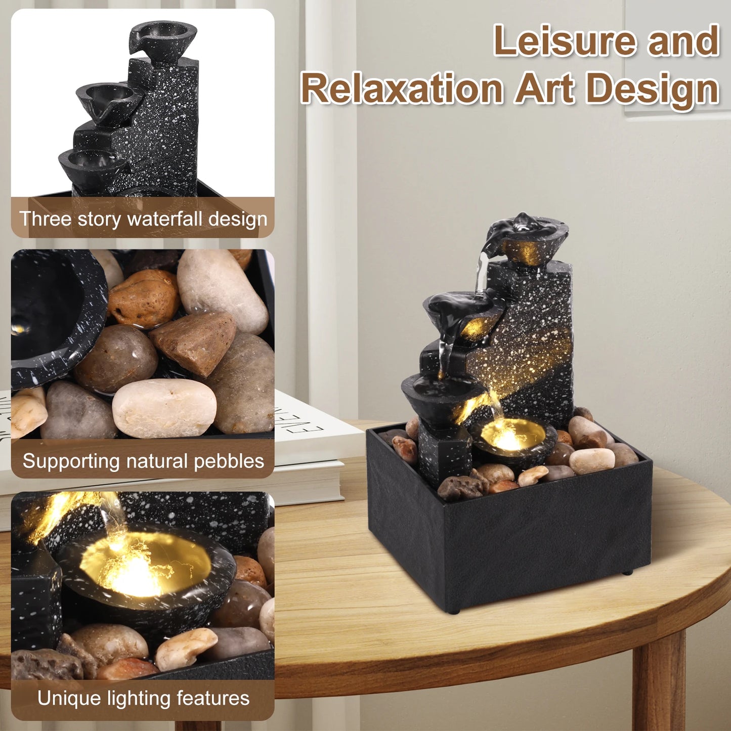 Tabletop Waterfall Fountain – Relaxing Desktop Decor with Soft Lights