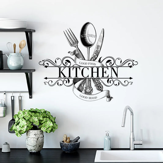 "Good Food" Kitchen Wall Decal – Self-Adhesive Removable PVC Sticker with Knife & Fork Design