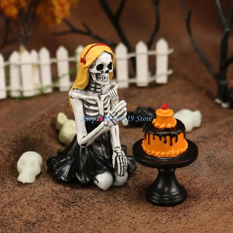 Skull Girl Eating Cake Resin Sculpture – Gothic Kitchen & Home Decor Statue