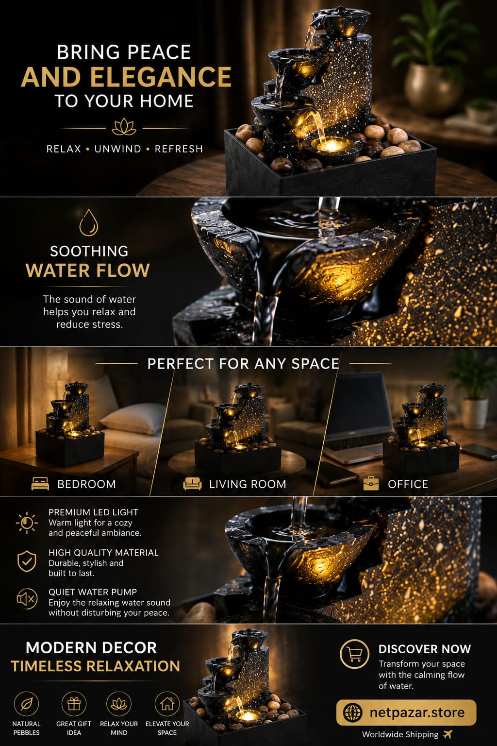 Tabletop Waterfall Fountain – Relaxing Desktop Decor with Soft Lights