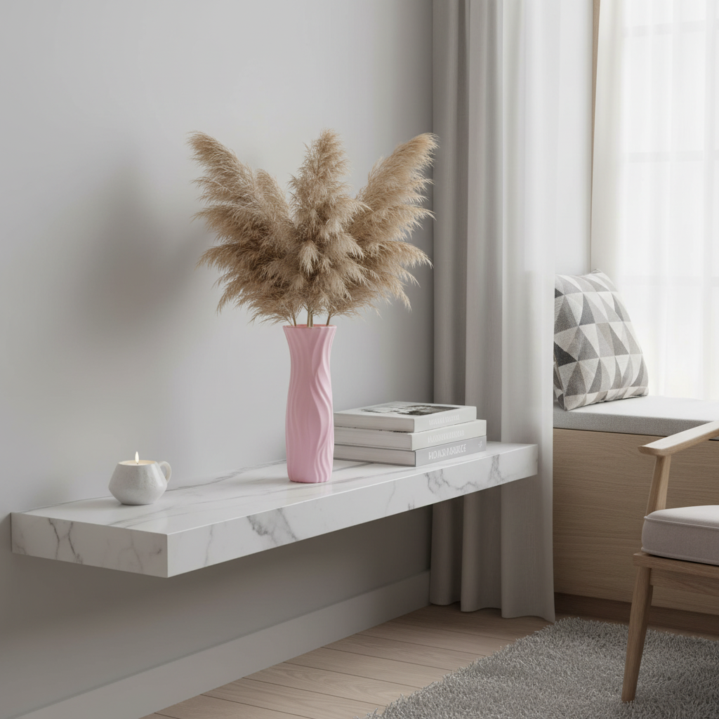 Pink ceramic-look vase with pampas grass on marble shelf