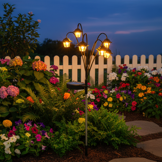 Retro vintage solar garden lamp glowing at dusk in lush garden with flowers and greenery
