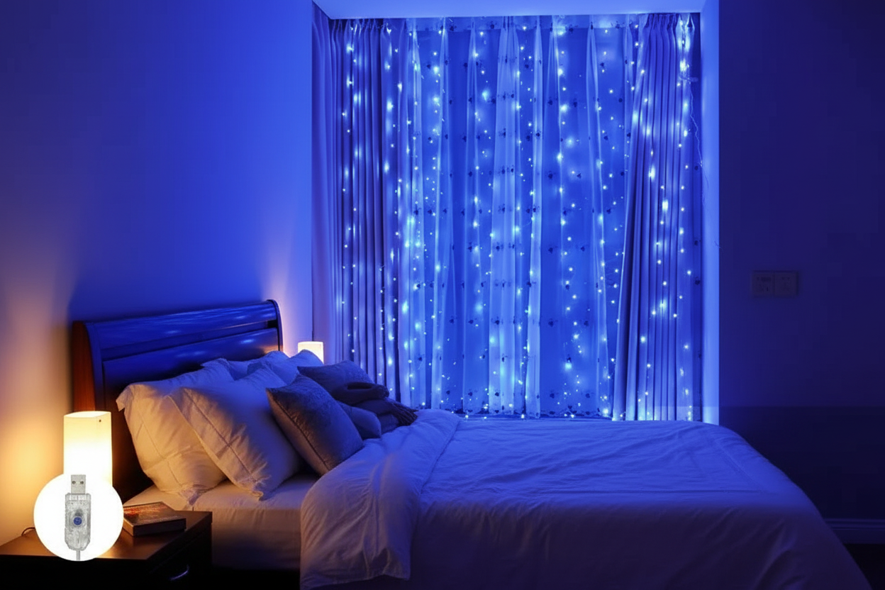 LED Curtain String Lights - Bedroom Blue