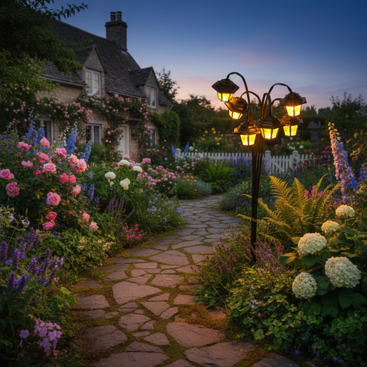 Retro solar garden lamp on stone pathway in English cottage garden at twilight